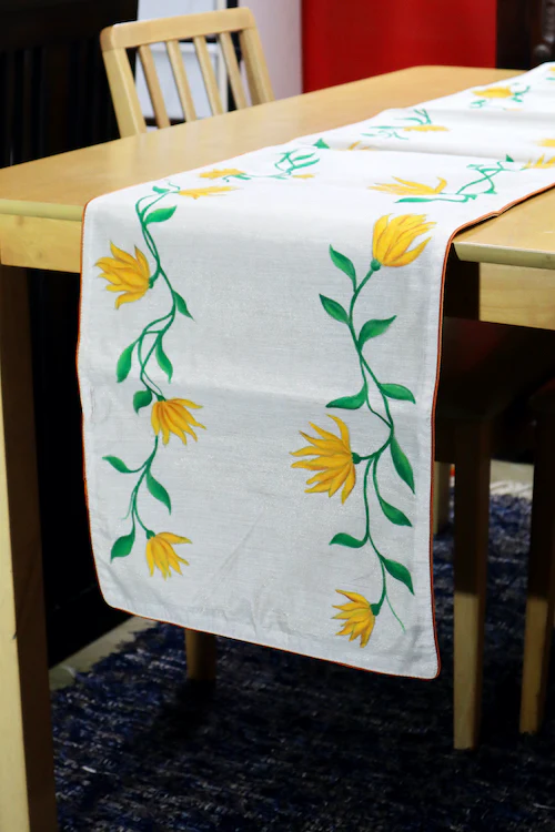 Diorama Designs Handpainted Pichwai Chanderi Silk Magnolia Table Runner