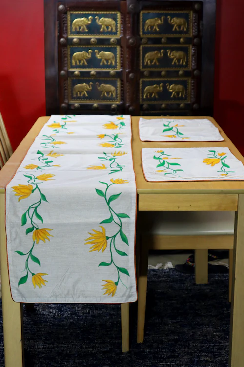 Diorama Designs Handpainted Pichwai Chanderi Silk Magnolia Table Runner - Image 2