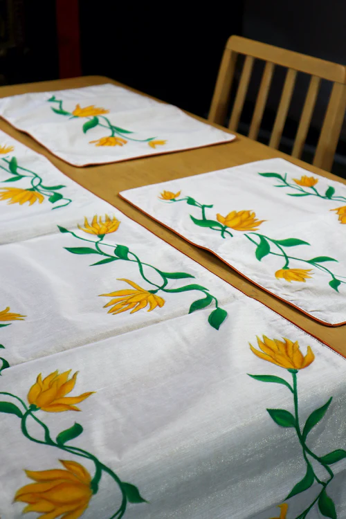 Diorama Designs Handpainted Pichwai Chanderi Silk Magnolia Table Runner - Image 3