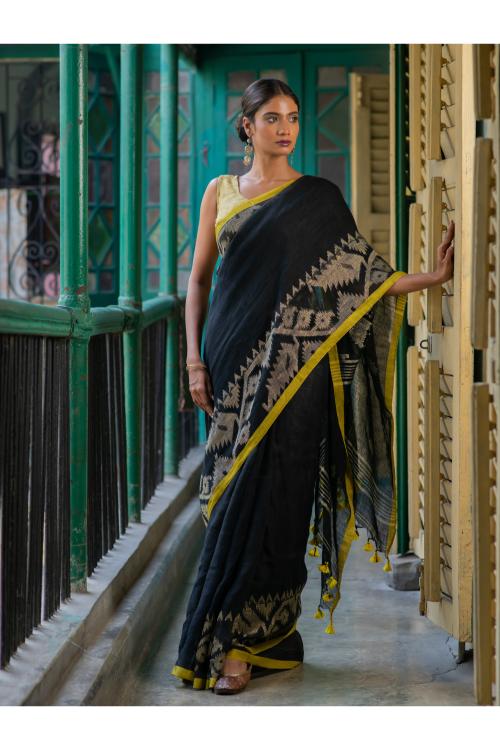Handwoven Elegance. Exclusive Linen Jamdani Saree - Black Beauty - Image 6