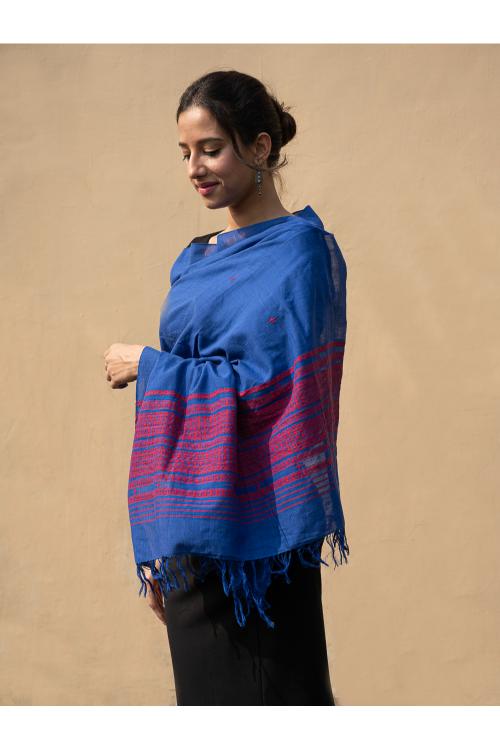 TICH Handwoven Kashida Pattu Cotton Stole / Dupatta - Royal Blue - Image 4