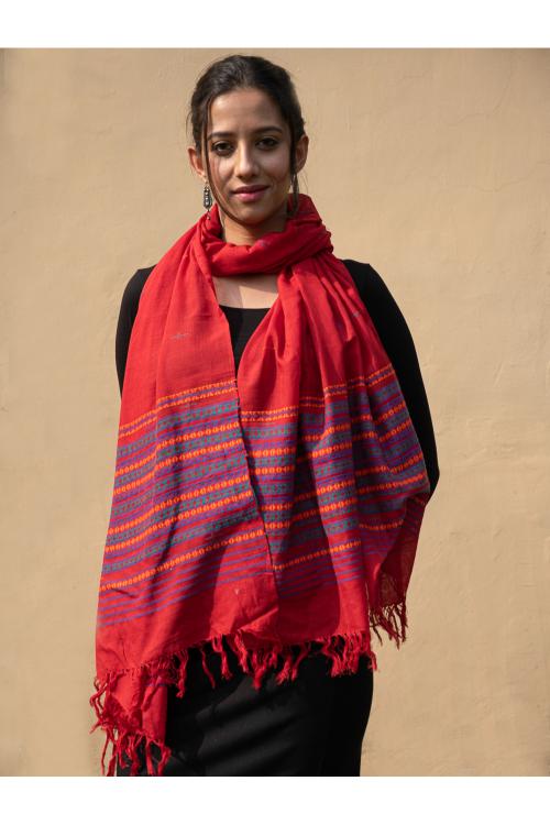 TICH Handwoven Kashida Pattu Cotton Stole / Dupatta - Warm Red - Image 2