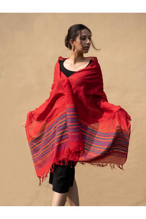 TICH Handwoven Kashida Pattu Cotton Stole / Dupatta - Warm Red - Image 4