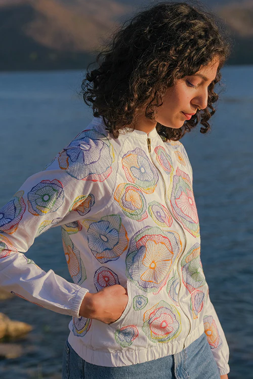 Okhai 'Holi' Pure Cotton Hand Embroidered Bomber Jacket - Image 6