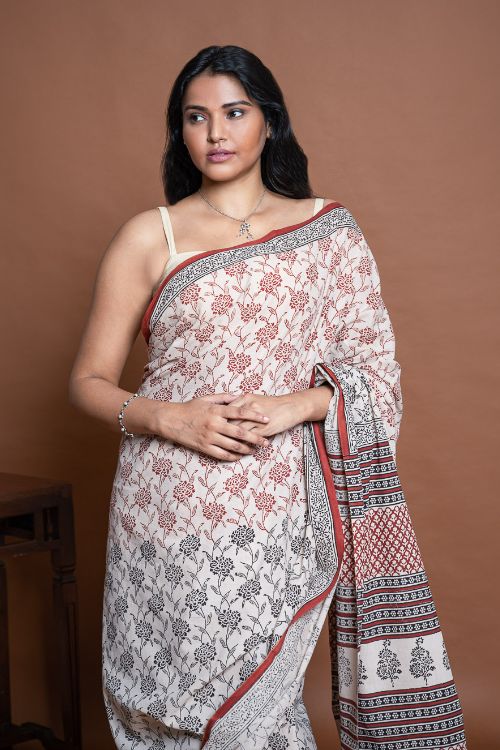 ICH Bagru Statements. Hand Block Printed Mul Cotton Saree - Beige Flora - Image 2