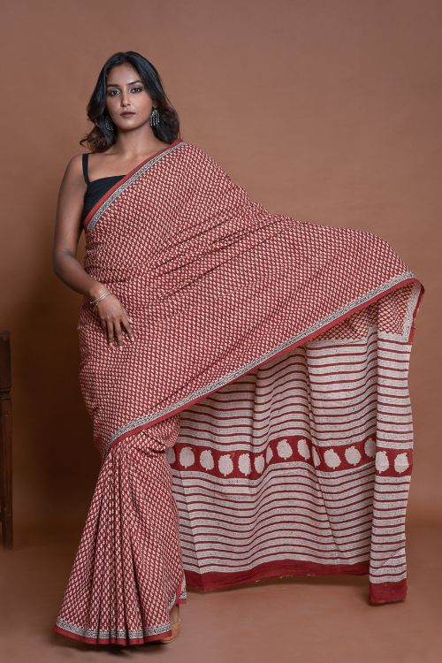 ICH Bagru Statements. Hand Block Printed Mul Cotton Saree - Brick Buds - Image 10