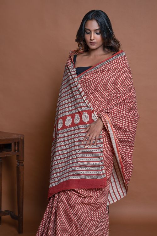 ICH Bagru Statements. Hand Block Printed Mul Cotton Saree - Brick Buds - Image 2
