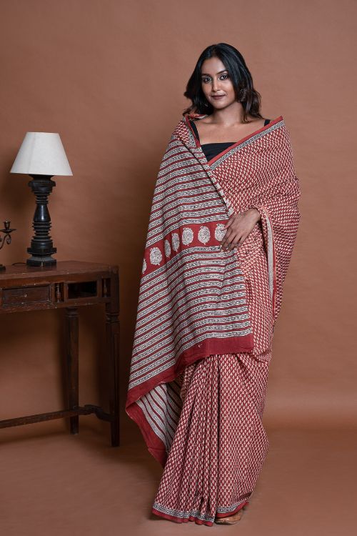 ICH Bagru Statements. Hand Block Printed Mul Cotton Saree - Brick Buds - Image 8