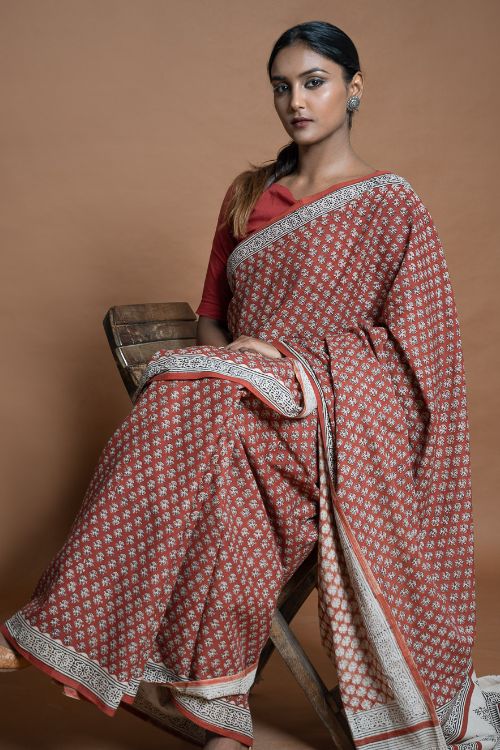 ICH Bagru Statements. Hand Block Printed Mul Cotton Saree - Brick Flora - Image 2