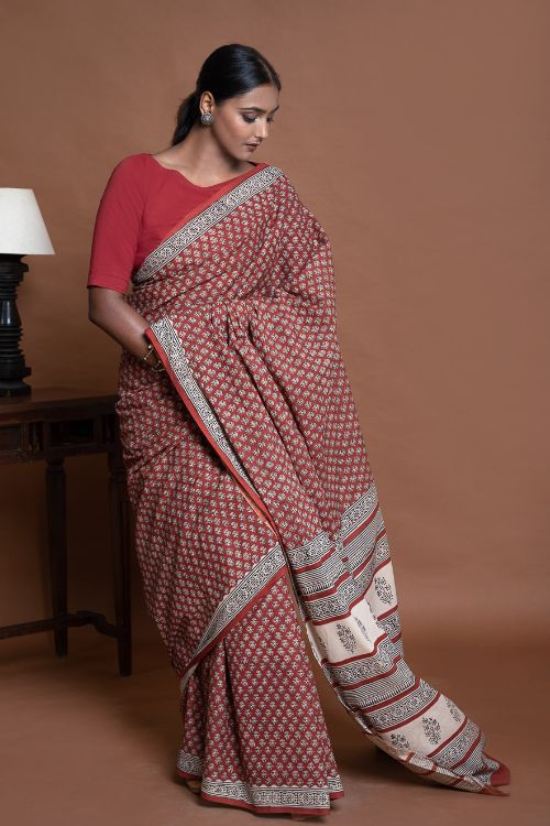 ICH Bagru Statements. Hand Block Printed Mul Cotton Saree - Brick Flora - Image 8