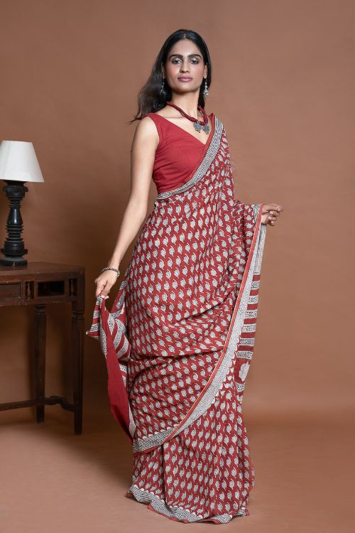 ICH Bagru Statements. Hand Block Printed Mul Cotton Saree - Brick Floret - Image 5
