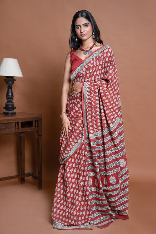 ICH Bagru Statements. Hand Block Printed Mul Cotton Saree - Brick Floret - Image 8