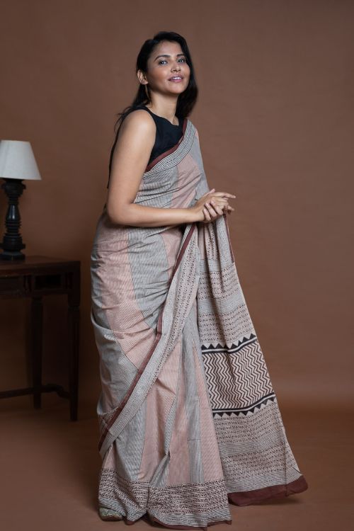 ICH Bagru Statements. Hand Block Printed Mul Cotton Saree - Geometrics - Image 6
