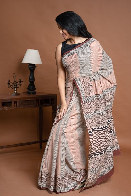 ICH Bagru Statements. Hand Block Printed Mul Cotton Saree - Geometrics - Image 8