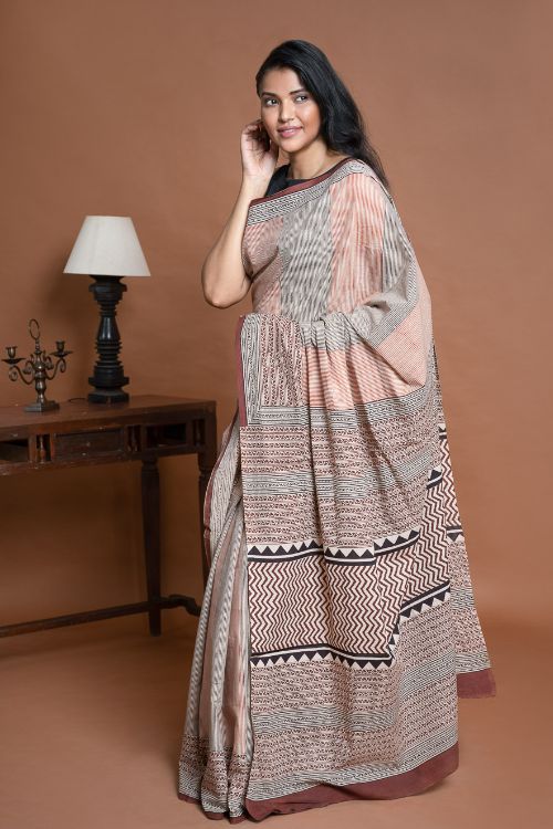 ICH Bagru Statements. Hand Block Printed Mul Cotton Saree - Geometrics - Image 9