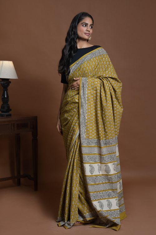 ICH Bagru Statements. Hand Block Printed Mul Cotton Saree - Ochre Flora - Image 3