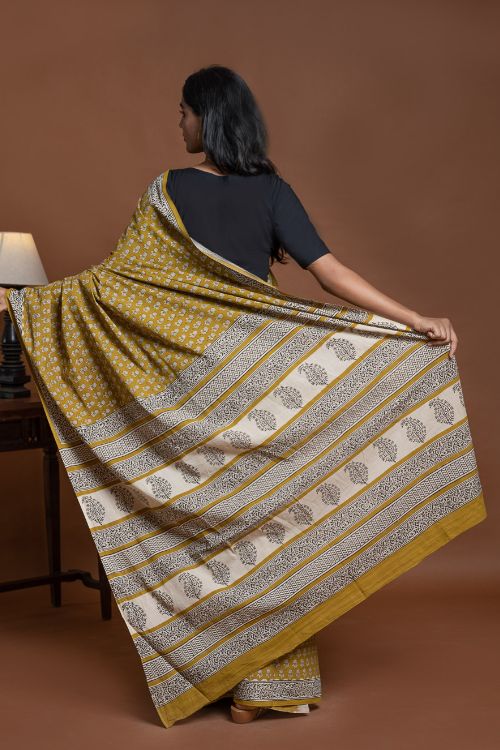 ICH Bagru Statements. Hand Block Printed Mul Cotton Saree - Ochre Flora - Image 4