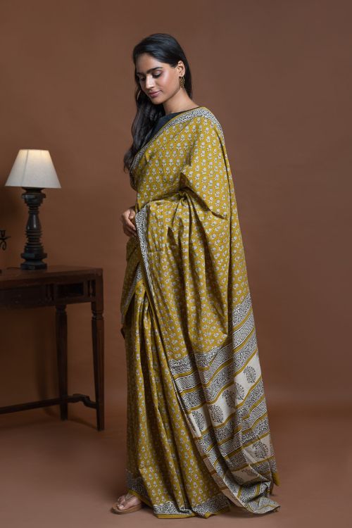 ICH Bagru Statements. Hand Block Printed Mul Cotton Saree - Ochre Flora - Image 5