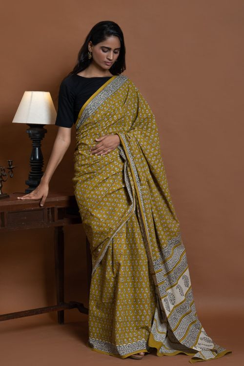 ICH Bagru Statements. Hand Block Printed Mul Cotton Saree - Ochre Flora - Image 6