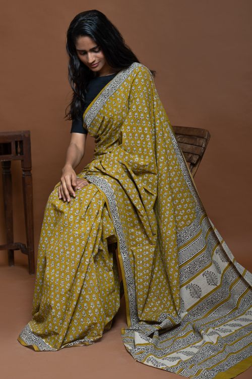 ICH Bagru Statements. Hand Block Printed Mul Cotton Saree - Ochre Flora - Image 7