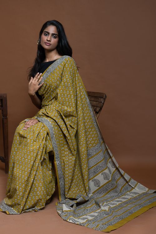 ICH Bagru Statements. Hand Block Printed Mul Cotton Saree - Ochre Flora - Image 8