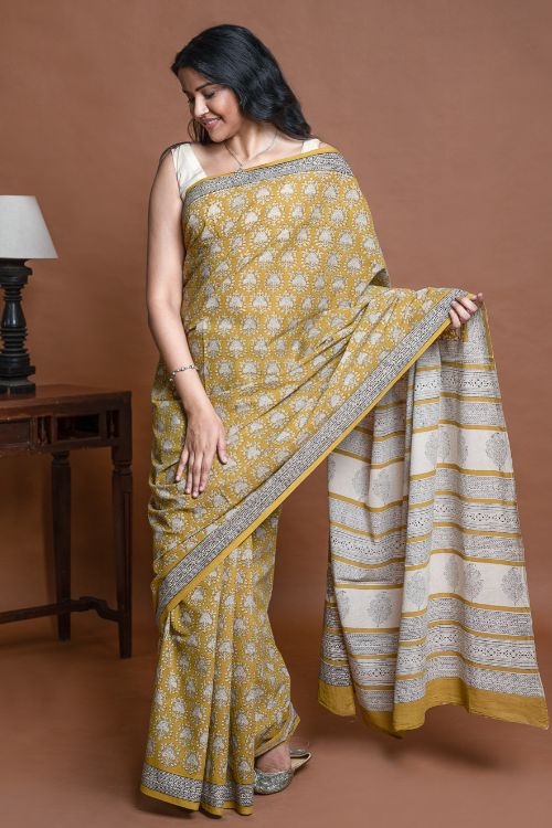 ICH Bagru Statements. Hand Block Printed Mul Cotton Saree - Ochre Ornate - Image 2