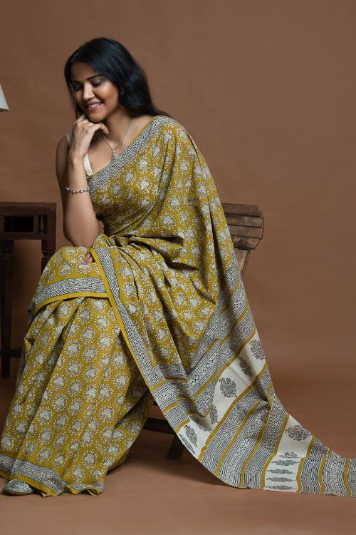 ICH Bagru Statements. Hand Block Printed Mul Cotton Saree - Ochre Ornate - Image 3