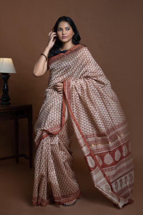 ICH Chanderi Elegance. Bagru Hand Block Printed Saree - Deep Red Florets