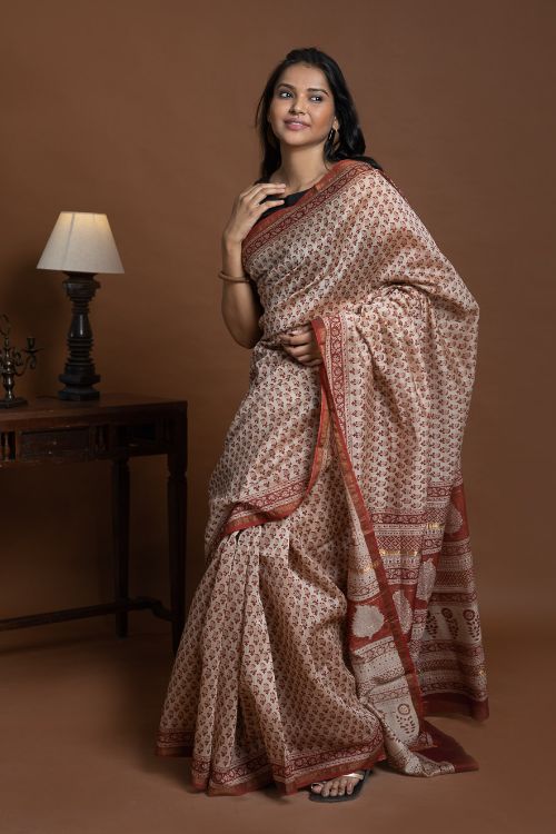 ICH Chanderi Elegance. Bagru Hand Block Printed Saree - Deep Red Florets - Image 2