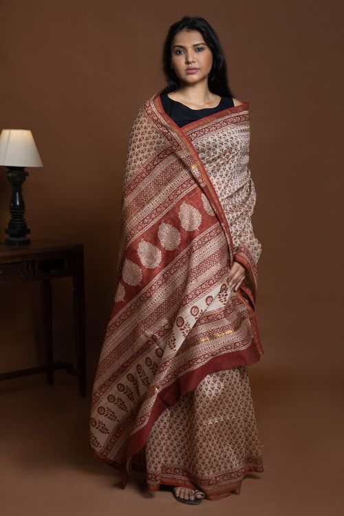 ICH Chanderi Elegance. Bagru Hand Block Printed Saree - Deep Red Florets - Image 6