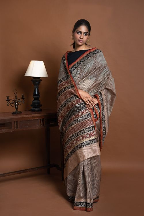 ICH Chanderi Elegance. Bagru Hand Block Printed Saree - Geometrics