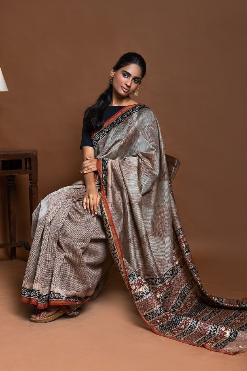 ICH Chanderi Elegance. Bagru Hand Block Printed Saree - Geometrics - Image 2