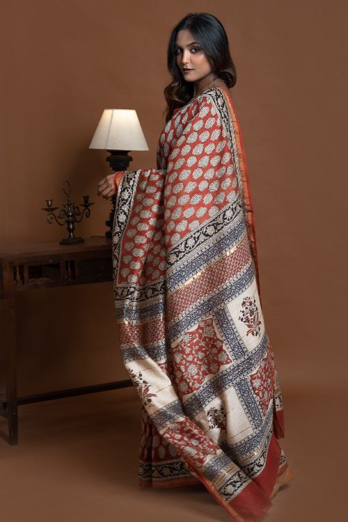 ICH Chanderi Elegance. Bagru Hand Block Printed Saree - Red & Beige Florets - Image 7