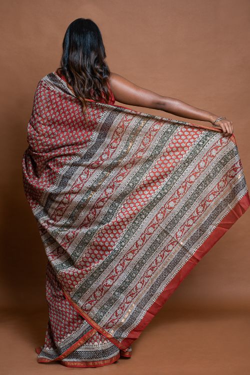 ICH Chanderi Elegance. Bagru Hand Block Printed Saree - Red Floral - Image 5
