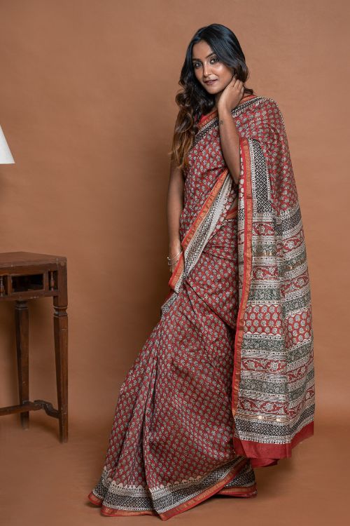 ICH Chanderi Elegance. Bagru Hand Block Printed Saree - Red Floral - Image 8