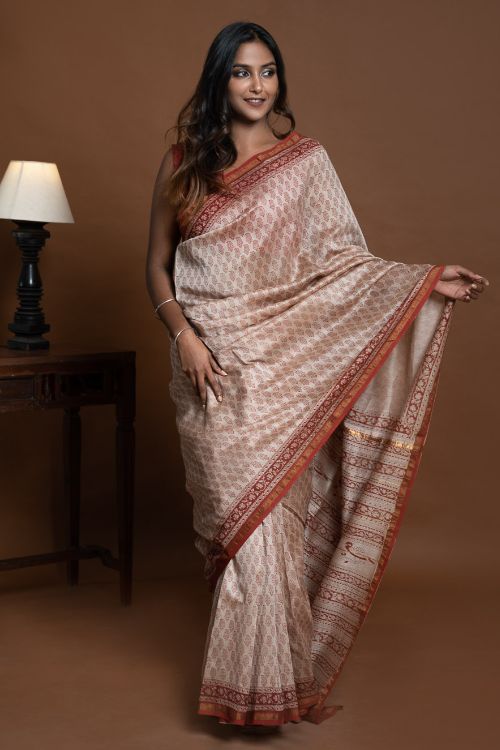 ICH Chanderi Elegance. Bagru Hand Block Printed Saree -Red Florets