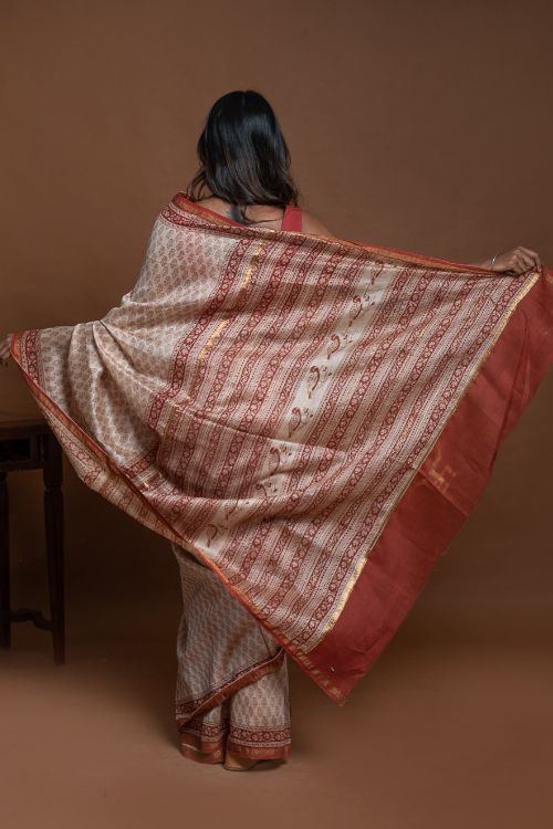 ICH Chanderi Elegance. Bagru Hand Block Printed Saree -Red Florets - Image 2