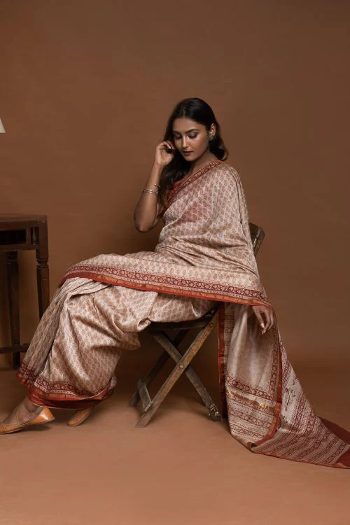 ICH Chanderi Elegance. Bagru Hand Block Printed Saree -Red Florets - Image 5