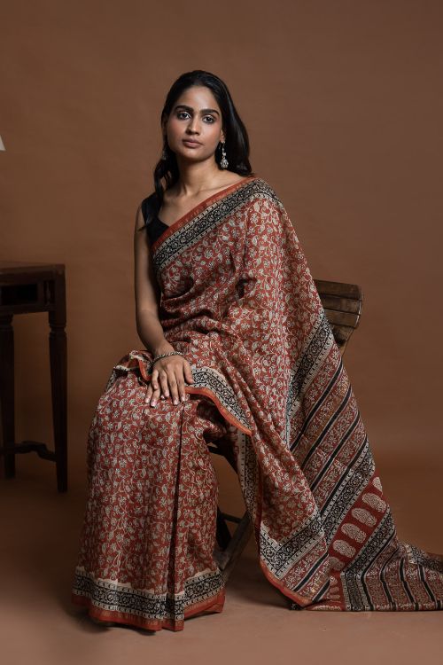 ICH Chanderi Elegance. Bagru Hand Block Printed Saree - Red Jaal