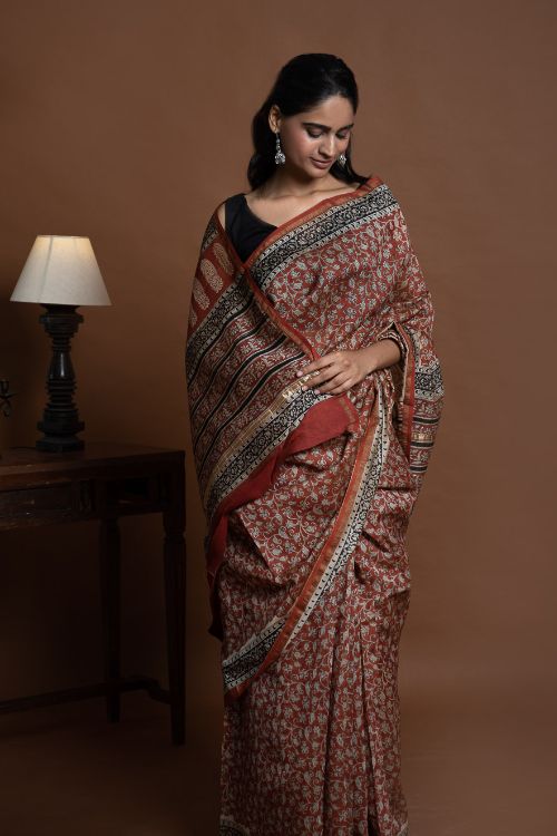 ICH Chanderi Elegance. Bagru Hand Block Printed Saree - Red Jaal - Image 2