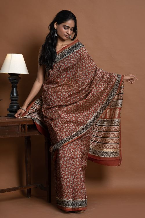 ICH Chanderi Elegance. Bagru Hand Block Printed Saree - Red Jaal - Image 3