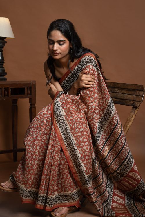ICH Chanderi Elegance. Bagru Hand Block Printed Saree - Red Jaal - Image 6