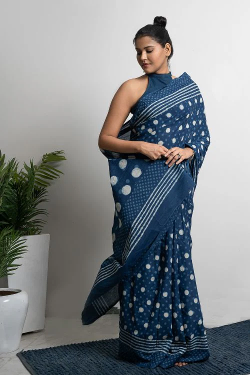 ICH Cotton Appeal. Dabu Hand Block Printed Mul Cotton Saree - Blue Polka - Image 2