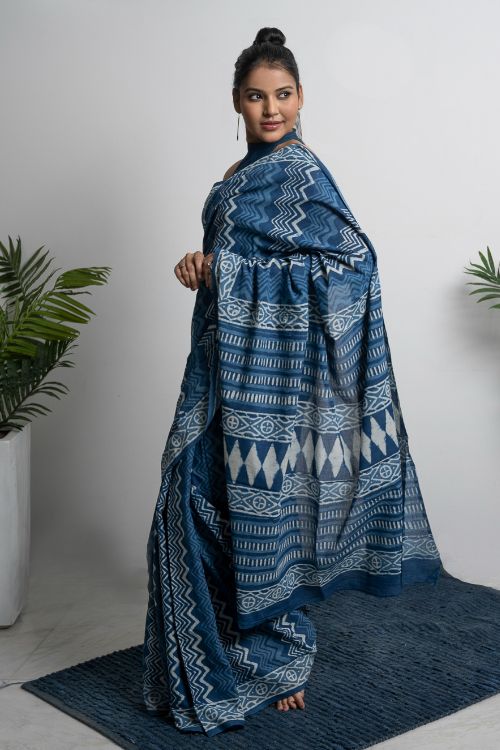 ICH Cotton Appeal. Dabu Hand Block Printed Mul Cotton Saree -Blue Zigzags - Image 3
