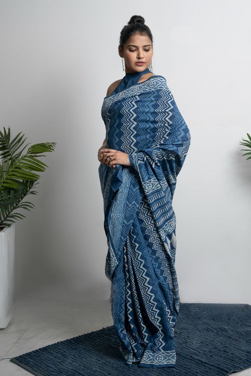 ICH Cotton Appeal. Dabu Hand Block Printed Mul Cotton Saree -Blue Zigzags - Image 5