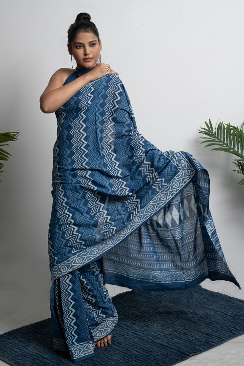 ICH Cotton Appeal. Dabu Hand Block Printed Mul Cotton Saree -Blue Zigzags - Image 6