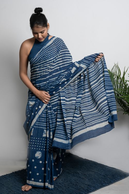 ICH Cotton Appeal. Dabu Hand Block Printed Mul Cotton Saree - Dot & Stripes - Image 5