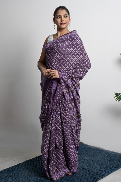 ICH Cotton Appeal. Dabu Hand Block Printed Mul Cotton Saree- Purple Florets - Image 5
