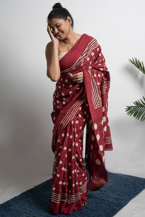 ICH Cotton Appeal. Dabu Hand Block Printed Mul Cotton Saree- Red Polka - Image 5
