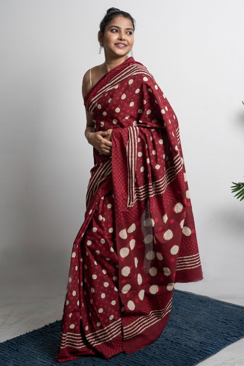 ICH Cotton Appeal. Dabu Hand Block Printed Mul Cotton Saree- Red Polka - Image 7